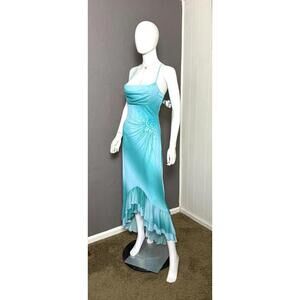 Vintage Y2K Aqua Beaded Mermaid Dress NWT Hi-Lo Ruffle Hem RAMPAGE size M